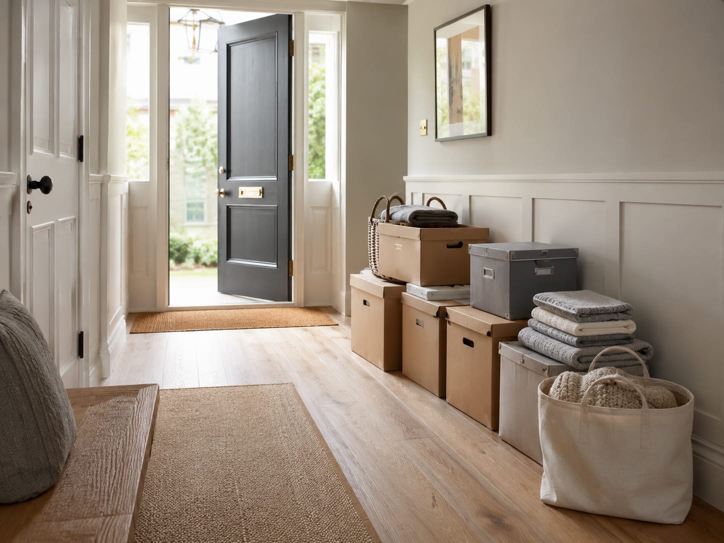 Labelled moving boxes and storage baskets stacked in a hallway beside an open front door