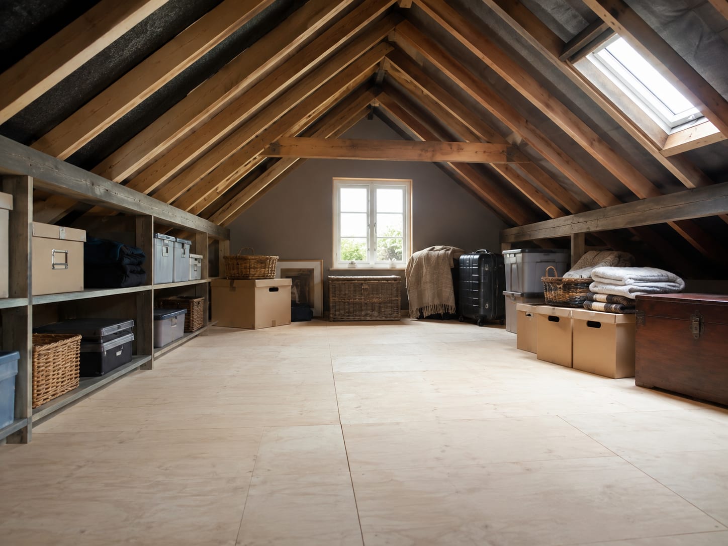 Organised loft with labelled storage boxes and baskets under exposed beams