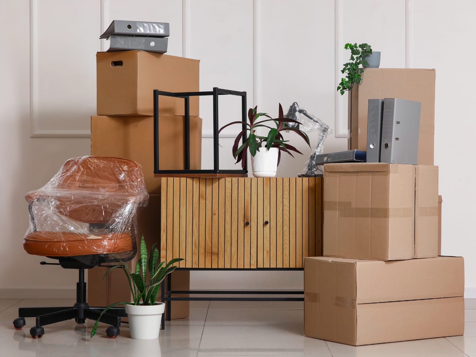 Boxes and furniture wrapped and packed ready for collection