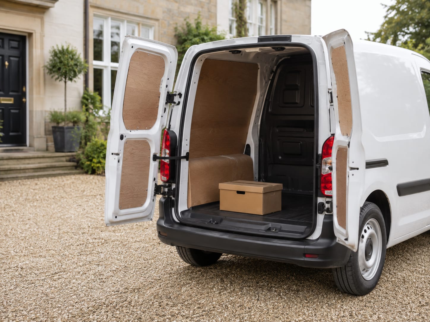Van with rear doors open and a package loaded for a local collection